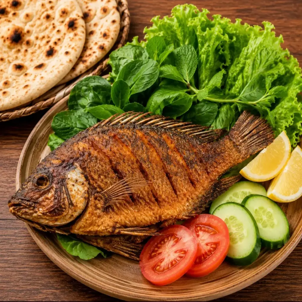 Fried tilapia (bolti) fish with bread